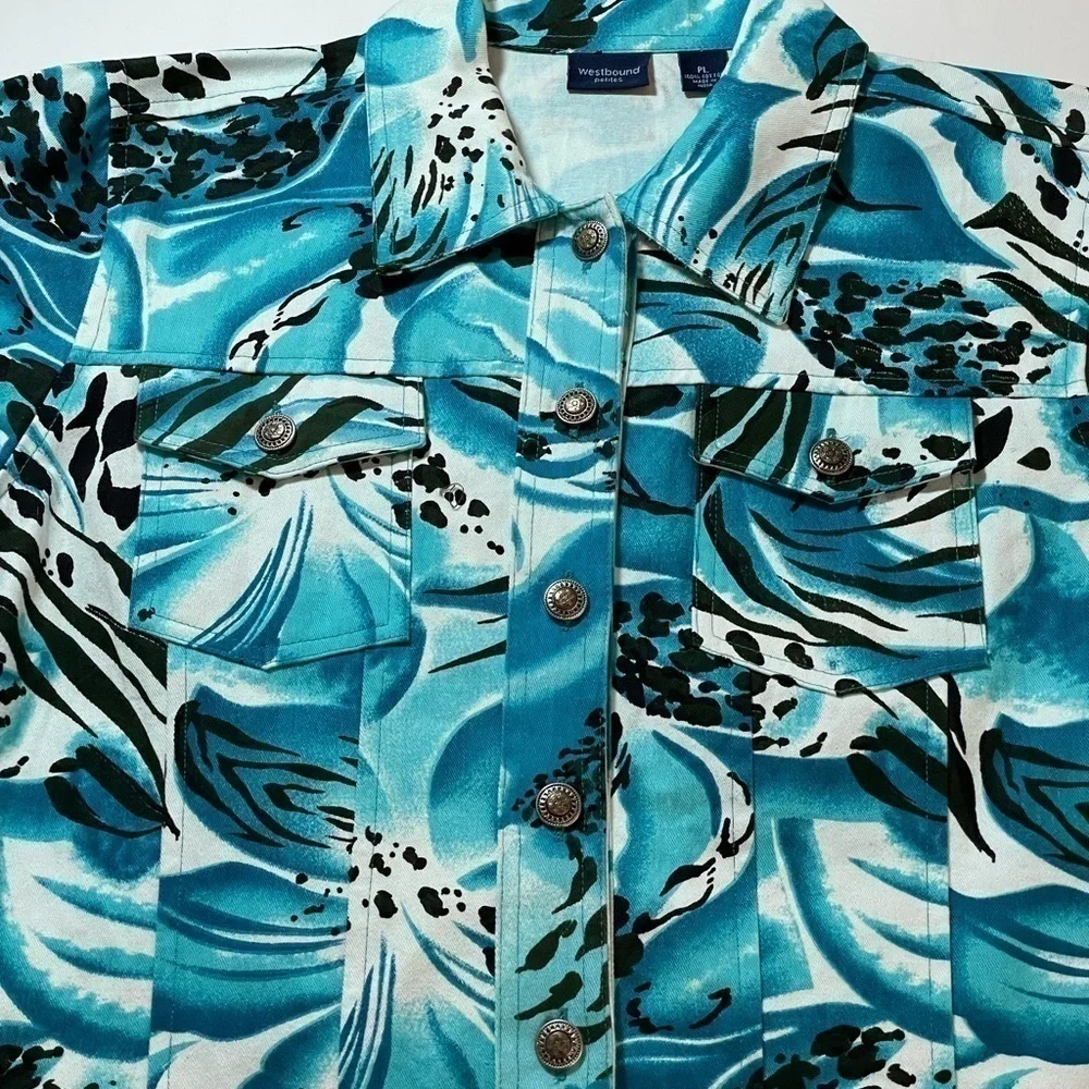 Westbound Petites 3/4 Sleeve Blue/Black Floral Button Down Jacket Petite Large - Picture 3 of 6